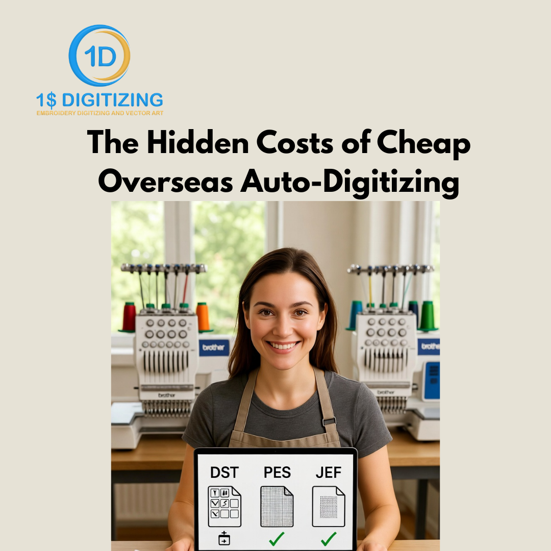 Embroidery machine running a production order — thread breaks and trim waste from cheap auto-digitizing cost more than professional digitizing fees