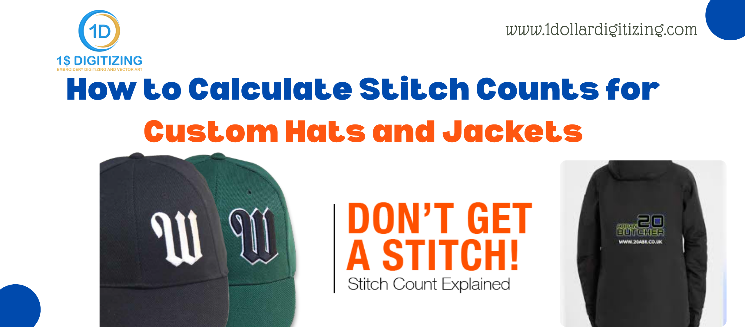 Side-by-side comparison of simple left chest logo and complex jacket back — illustrating why flat rate and stitch count digitizing pricing suit different embroidery shops