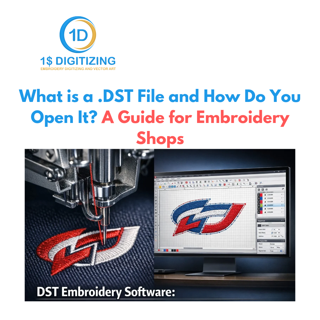 Embroidery machine stitching a DST file design — commercial embroidery production example